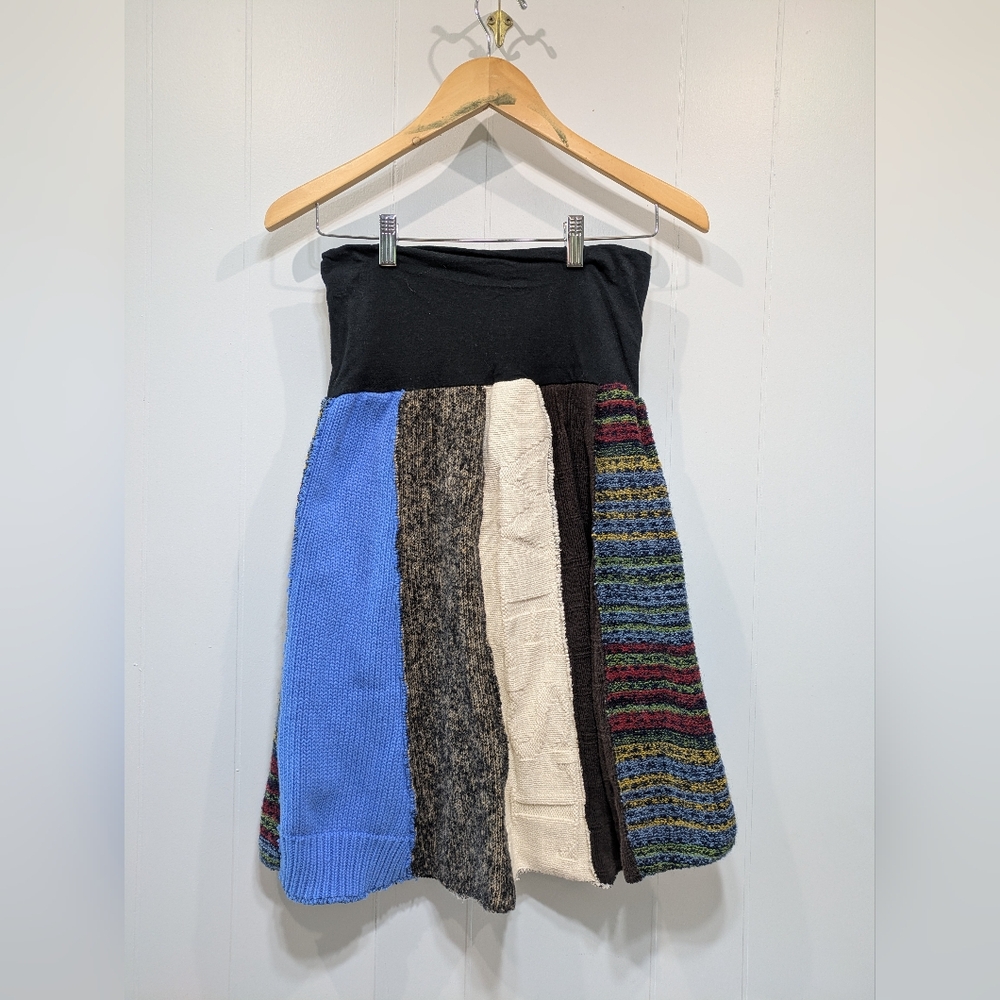 Green 3 Patchwork Sweater Skirt Small Made in‎ USA Eco Boho Knit Upcycled